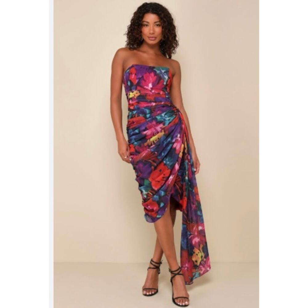 New! LulusUncommon Aesthetic Black Floral Strapless Bodycon Midi Dress Sz L #53